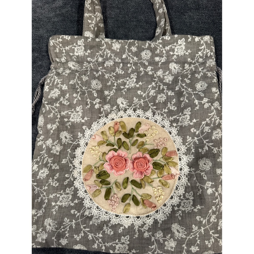 Hopeless Romantic Gray Floral Ribbon Embroidery Lace Drawstring Tote Bag Handbag - Picture 3 of 12